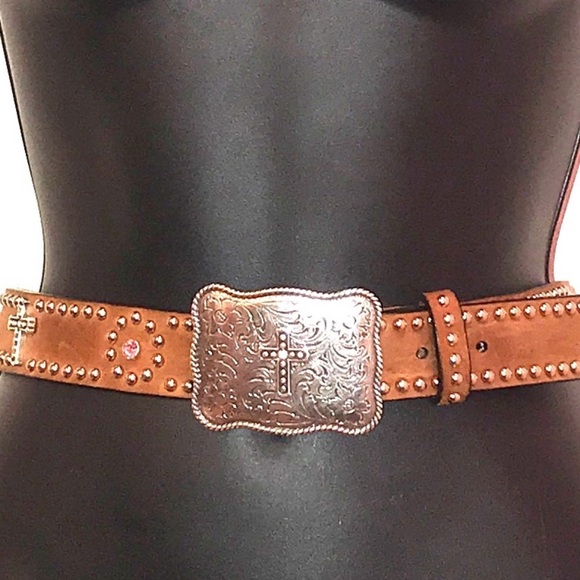 Nocona Accessories - Nocona Belt with Silver Buckle Bling Studs & Cross